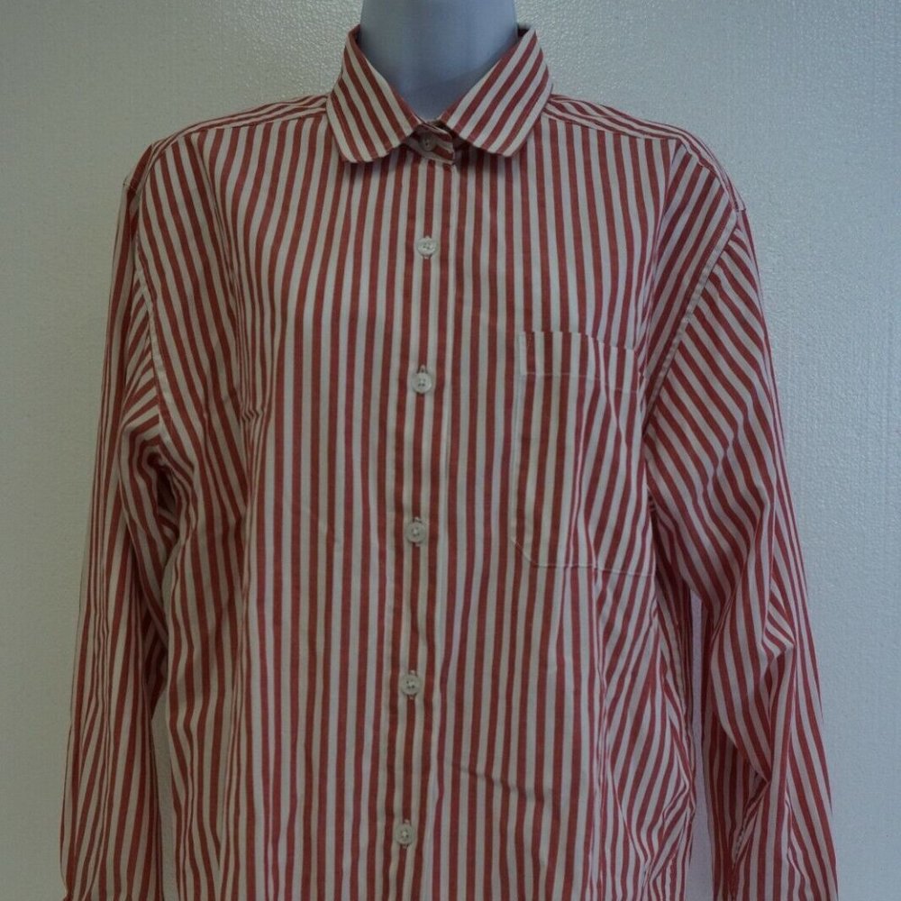 Talbots Women's Button Up Striped Red White Shirt Medium M Cotton Poly Blend